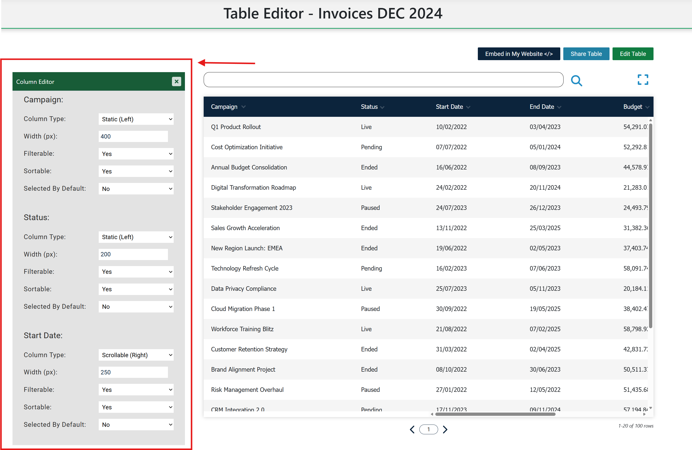 Image of the column editor