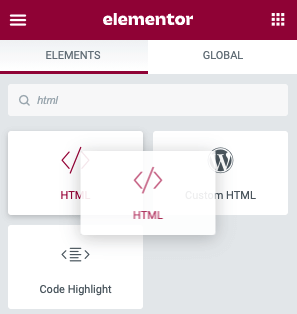 Elementor editor showing HTML widget selected for adding custom table code